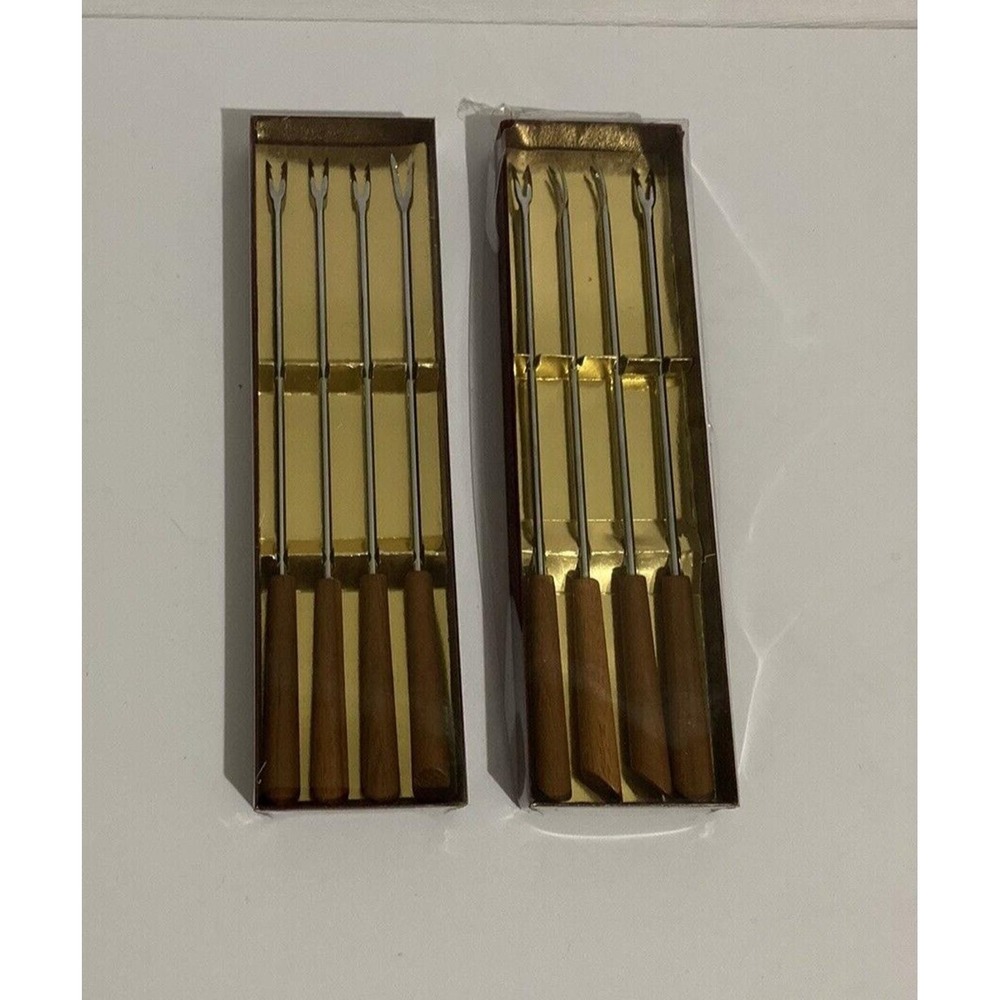 NOS Fondue Forks Teak Wood Handles Stainless Steel 2 Sets Vintage MCM
